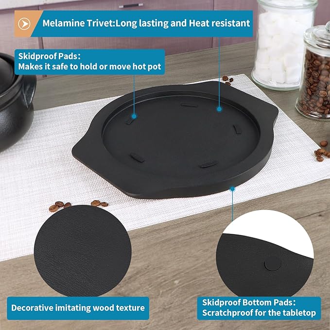 Stone Bowl Trivet, 8.5" Melamine Skillet Underliner, Dolsot Tray with Handles for Korean Ceramic Bowl, Casserole, Hot Pot, Steak Grill Plate, Sizzler Pan (Black)