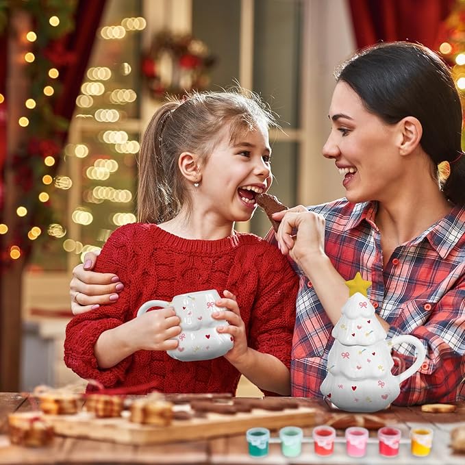 Didaey 1 Set Christmas Tree Mug with Lid Paint Your Own Mug Craft Kit with 6 Color Paints and Brush DIY Ceramic Christmas Coffee Mugs for Xmas Festive Holiday Gift