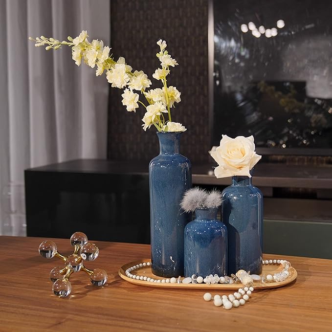 Ceramic Vase Set Home Decor - 3Pcs Modern Rustic Boho Geometric Blue Flowers Vase Decoration, Shelf Decor, Farmhouse Living Room Decoration, Decorative Gift Cynkeyee