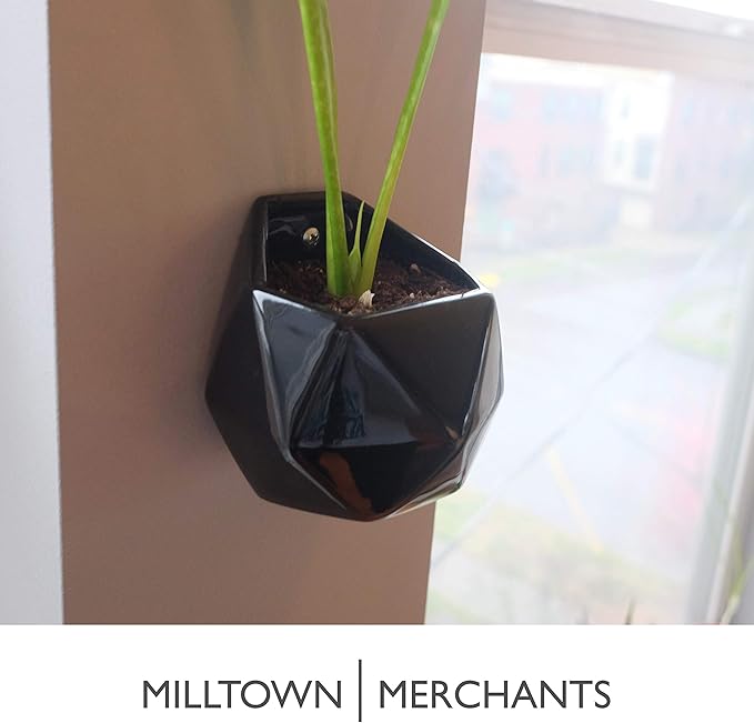 Milltown Merchants Succulent Wall Planters - Wall Vases - Black Ceramic Wall Mounted Planters - Succulent Plant Pots - Hanging Vases for Living Wall (2 Pack/Geometric/Black)