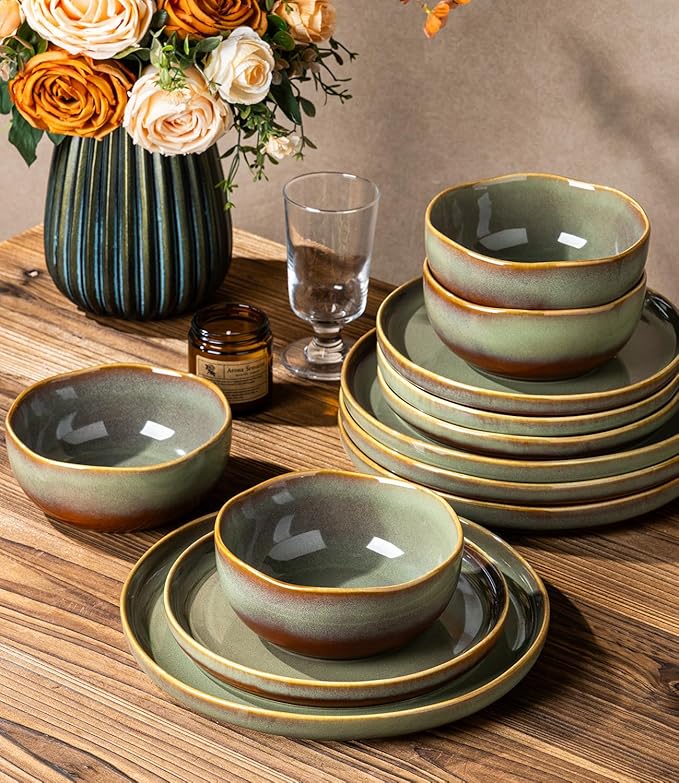 TheTerra Ceramic Dinnerware Sets for 6, 18 Pieces Handmade Reactive Glaze Plates and Bowls Sets, Scratch Resistant Dish Set, Oven & Microwave & Dishwasher Safe, Brown Green