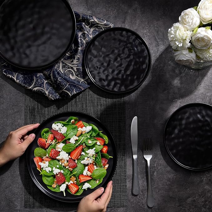 LIANYU 10.2 Inch Dessert Plates of 4, Kitchen Ceramic Dinner Plates Set, Dinnerware Serving Dishes Set, Dinnerware Salad Appetizer Plates for Microwave Dishwasher Oven, Chip Resistant, Obsidian Black