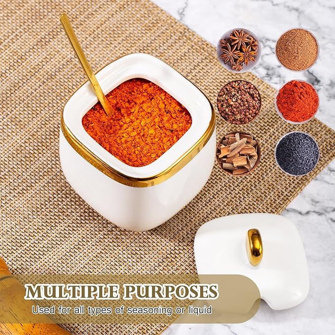 4 Pack Gold Condiment Spice Jars with Lids, Spoons, Tray - Ceramic Seasoning Box Set for Salt, Pepper, Sugar - Kitchen Storage
