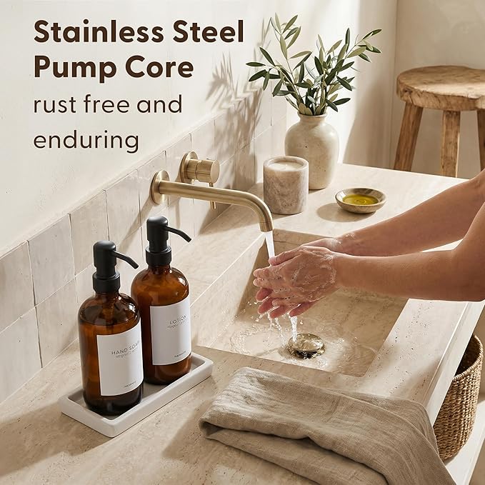 MaisoNovo Soap and Lotion Dispenser Set - Bathroom Soap Dispenser Set with Amber Glass Soap Dispenser, Black Pumps & Ceramic Tray