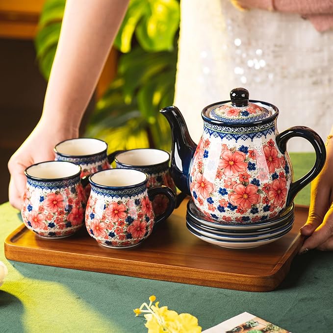 polish pottery style porcelain ceramic 10 piece Tea set,7.2oz tea cup and sauce set of 4,28.2oz teapot and 1wooden tray (Snow and Plum)