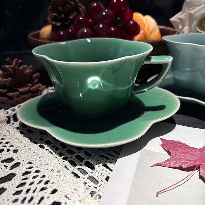 Ceramic Lotus Flower Cup and Saucer Set, Glazed Finish, Tea Cup with Matching Saucer, Green and Teal (Sage green glaze)
