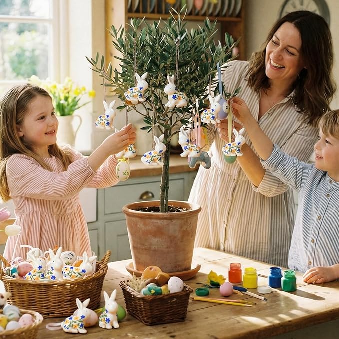 3 Pcs Ceramic Easter Bunny Decorations Spring Rabbits Hanging Ornaments Chinoiserie Blue and White Floral Bunny Figurines Centerpieces for Table Easter Tree Home Indoor Decor