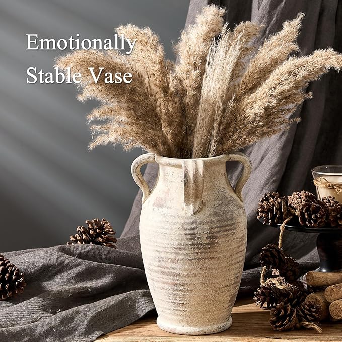 Emotionally Grounded Vase, Vaseking Large Ceramic Rustic Vase with 4 Handles, 10.83 inch Minimalist Decorative Farmhouse Tall Vases for Home Decor, Living Room, Enterway, Table Decoration, Neutral