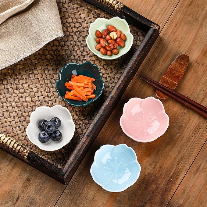 WHJY Light Green Cherry Blossom Dish Set, Cute Pink Ceramic Plates, Sauce/Seasoning Dish, Sushi Dishes, Soy Dipping Bowl, Dessert, Appetizer Plates, Serving Dish for Kitchen Home – Set of 5