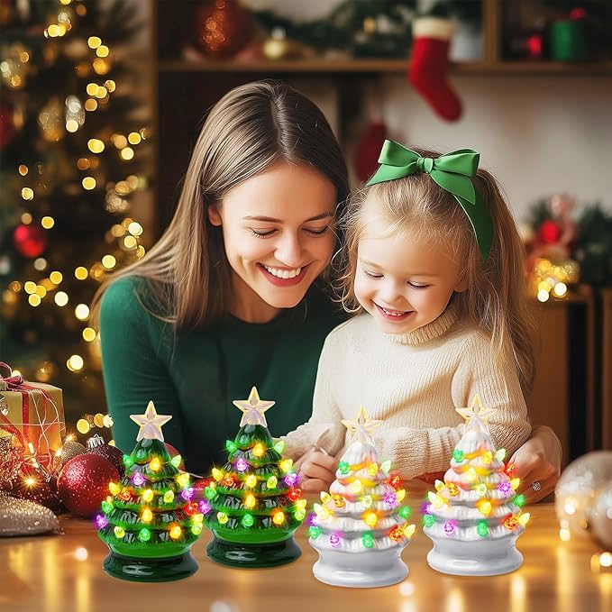 5 Inch Mini Ceramic Christmas Tree Set - 4 Pack Pre-lit Tabletop Christmas Tree with Multicolored LED Lights, Battery Operated Small Lighted Tree for Home Office Table Holiday Decorations