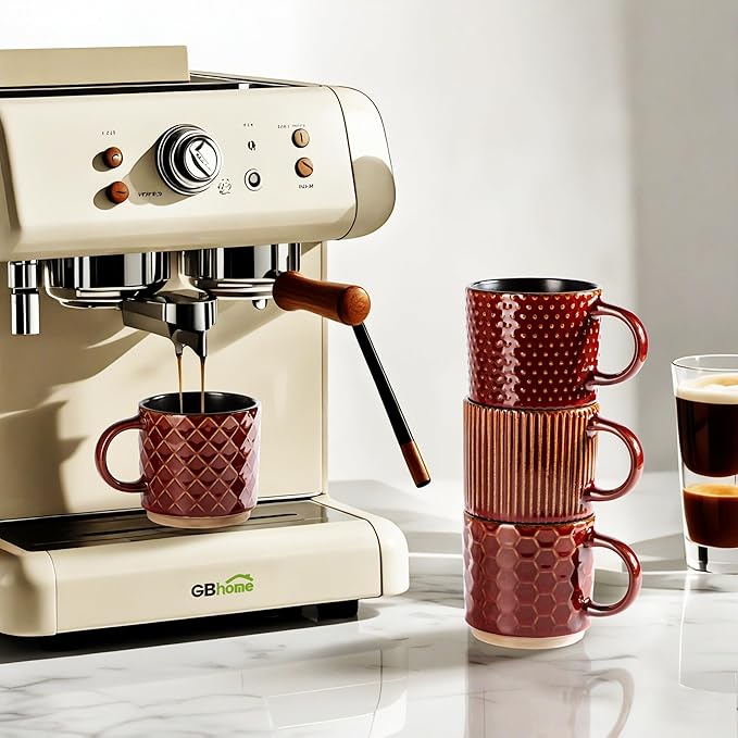 GBhome 12 OZ Stackable Coffee Mugs Set of 4, Ceramic Coffee Cups with Texture Patterns for Man,Woman,Dad,Mom, Modern Mugs Set for Latte/Cappuccino/Cocoa. Dishwasher&Microwave Safe, Red