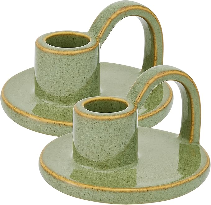 Ceramic Taper Candle Holders with Handle (Set of 2) – Tall Candlestick Holders for Table Decor Centerpieces, Rustic Home Décor, and Dinner Table Styling Avocado Green