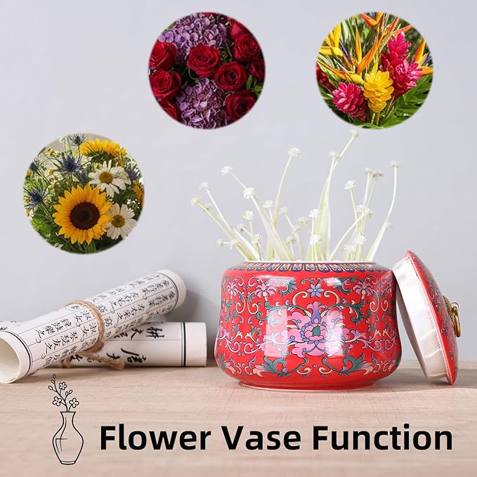 Handmade Chinoiserie Enamel Ginger Jar with Lid,Decorative Storage Jar for Loose Tea,Nuts & Snacks,Ceramic Vase Style Home Decor Canister,Colorful Jar for Kitchen,Living Room (Red Jar)