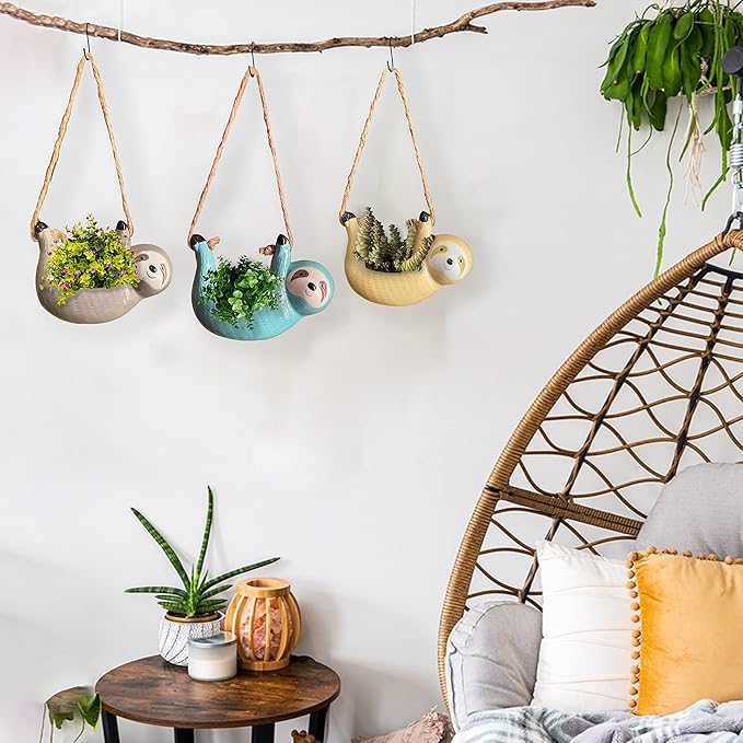 Hanging Sloth Plant Holder - Succulent Pots - Ceramic Sloth Planter - Funny Planters for Indoor Plants - Animal Air Planter - Sloth Plant Pot - Beige
