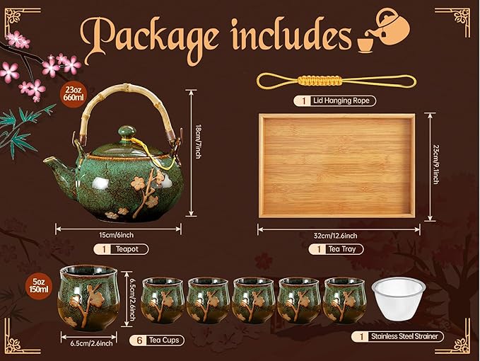 Traditional Japanese tea set, Kiln altered glaze Porcelain tea set with 1 Teapot, 6 Tea cups, 1 Tea Tray,Japanese teapot set, Asian tea sets (Kiln altered-Green)
