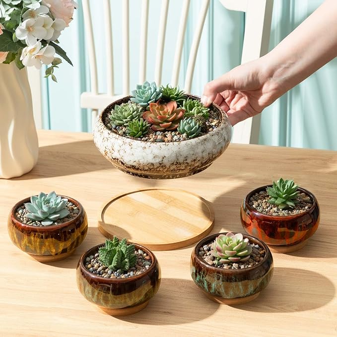 5 Pcs 7.3'' and 4'' Round Large Shallow Succulent Ceramic Planter Pots with Drainage Hole Drip Glazed Shallow Bonsai Pot with Bamboo Tray for Indoor Outdoor Plants Decor Cactus Flower