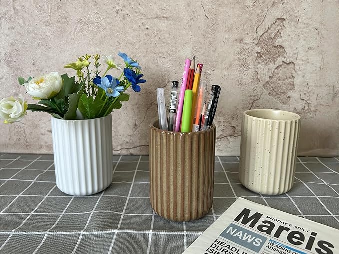 Stoneware Coffee Bar Utensil Holder Tea & Coffee Spoon & Stirrer Holder for Stir Stick Straw Teaspoon Holder Spoon Cup Small Utensil Jar Fluted Vertical Stripe (Speckled Beige)