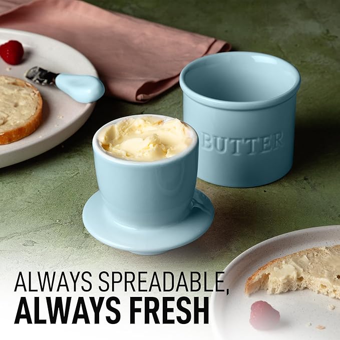 Zulay Kitchen Bell Shaped Butter Crock with Lid for Countertop with Water Line & Spreader Knife, Ceramic French Butter Dish Keeper For Fresh, Soft & Spreadable Butter - Light Blue