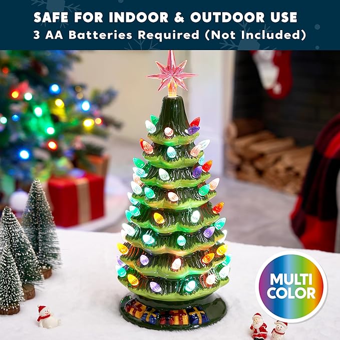 Joiedomi 15" Tabletop Prelit Ceramic Christmas Tree with 70 Multicolor Lights, Hand-Painted Ceramic Tabletop Christmas Tree with Extra Clear Top Star for Xmas Holiday Indoor Decorations