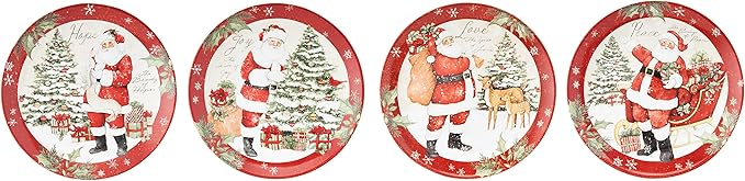 Holiday Wishes Christmas Dinner Plates Set of 4 Vintage Santa Claus Ceramic Plates with Peace Love Joy Hope Festive Holiday Dinnerware for Family Meals & Entertaining