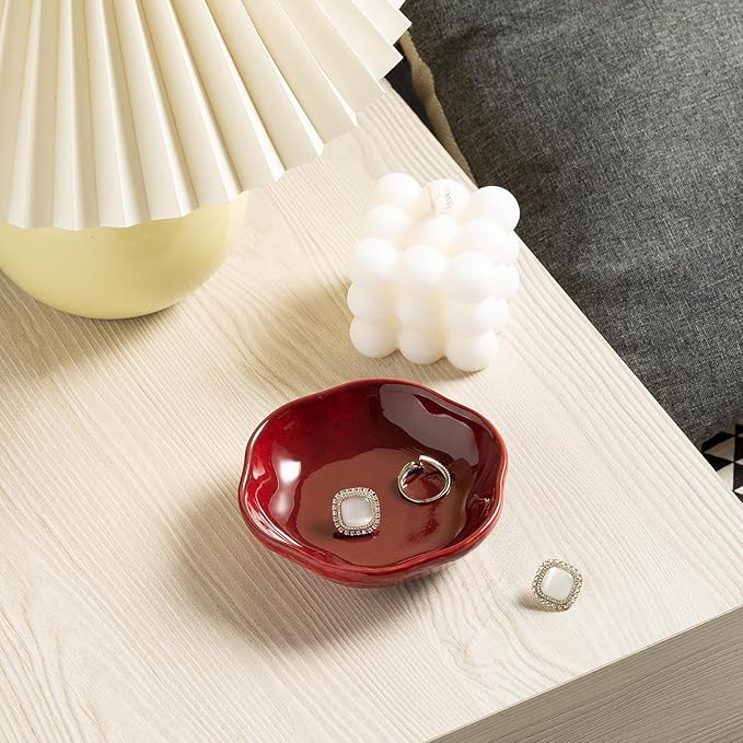 Ceramic Ring Dish Flower Jewelry Holder Dish Cute Jewelry Dish Tray Trinket Dish Small Decorative Tray Key Bowl Room Decor Aesthetic for Mom Best Friend Sister (red)