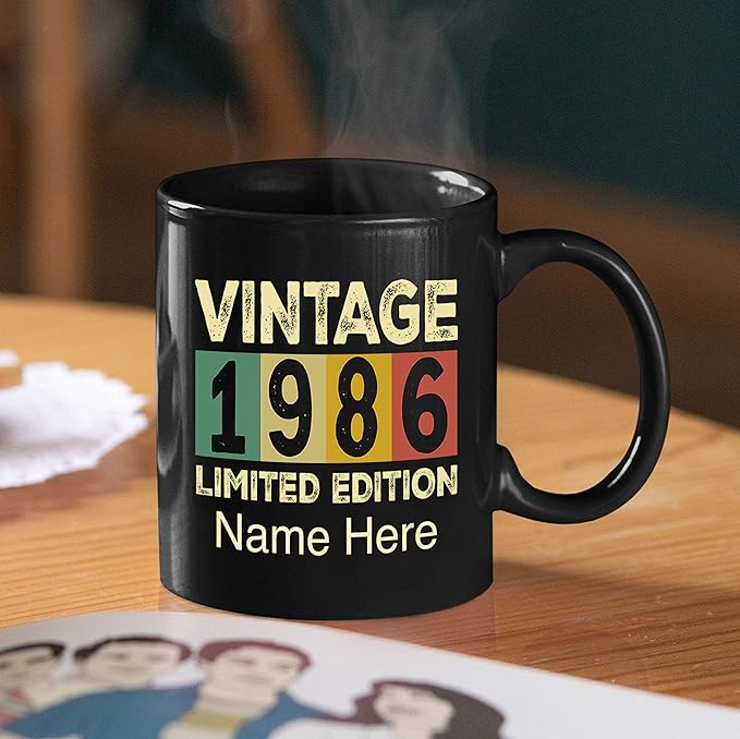 PREZZY Vintage 1986 Limited Edition 37th Birthday Decorations Personalized Gifts for Women Men Mothers Day Fathers Day Gift 37 Year Old Birthday Mug Customized Name Ceramic Black Tea Cup 11oz 15oz