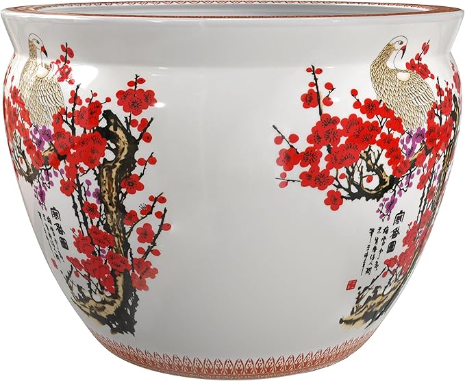 Red Lantern 12" Cherry Blossom Porcelain Fishbowl Planter