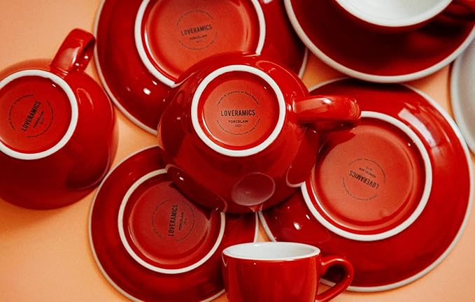 Loveramics Cappuccino Cup with Saucer, 8 oz Ceramic Coffee cup with Round Bottom for Cappuccino, Latte, Tea, Espresso, Thick-walled Stoneware Cup Set for Barista - Regular Colours (Red, 8OZ)