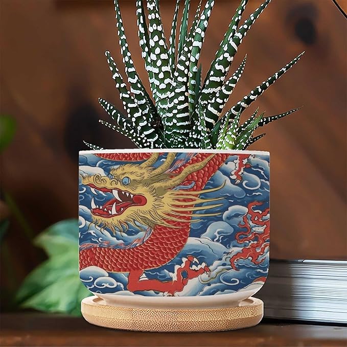 1 Piece Ceramics Planters Red and Auqa Dragon Small Succulents Pots Chinoiserie Dragon Cactus Pot Chinoiserie Asian Plant Pot with Drainage Holes and Bamboo Tray