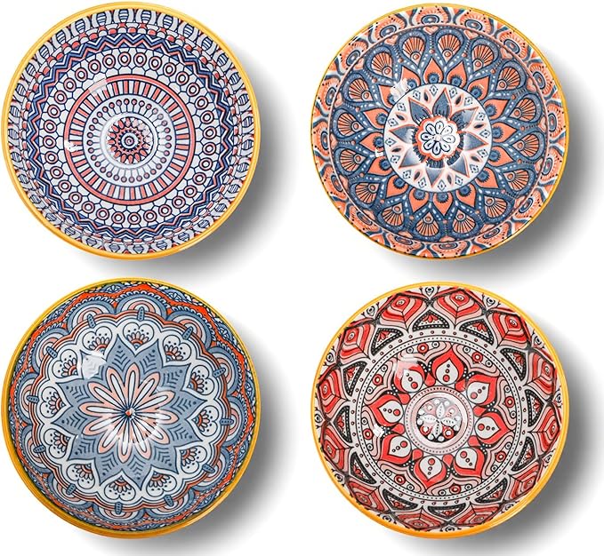12 Pack Small Ceramic Bowls Set, 10Oz Colorful Dessert Bowl, 4.5Inch Ice Cream Bowls, Porcelain Boho Decorative Bowl for Snack Soup Condiments, Side Dishes, Kitchen, Microwave Safe (4 Styles)