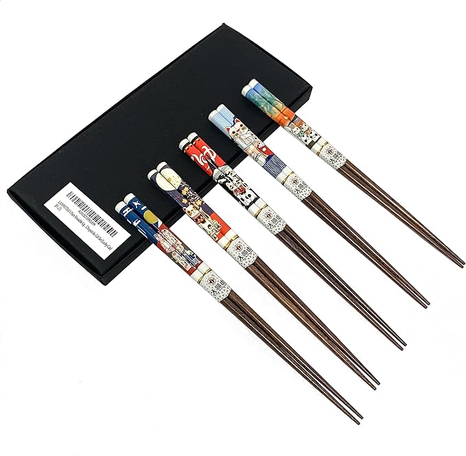 Wooden Chopsticks Reusable 5 Pairs Lucky Cat Design Gift Set Hand-made Japanese style 8.8 Inch/22.5cm