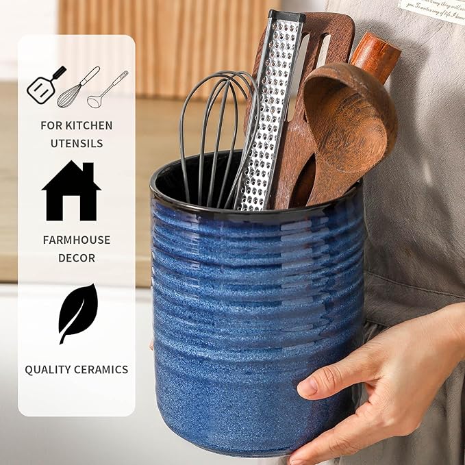 HASENSE Utensil Holder, 7.4" Large Utensil Holder for Kitchen Counter, Ceramic Utensil Organizer for Utensil Set, Modern Kitchen Utensil Crock for Countertop Decor, Blue
