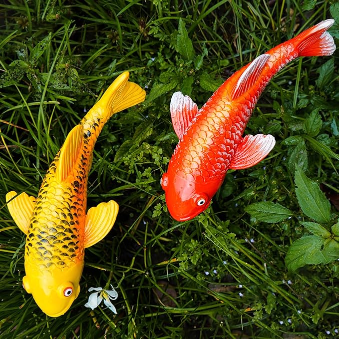 Set of 2 Koi Fish Garden Stakes, Red & Gold Resin Sculptures, Weatherproof Outdoor Patio Pond Decor, Feng Shui Yard Art, Easy Setup Gift(B&Y)