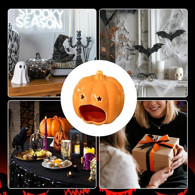 Halloween Ceramic Candle Holder Decorations Pumpkin Candle Holder Halloween Tabletop Decorative for Home Office Table Centerpiece, Cute Pumpkin Tealight Candlestick