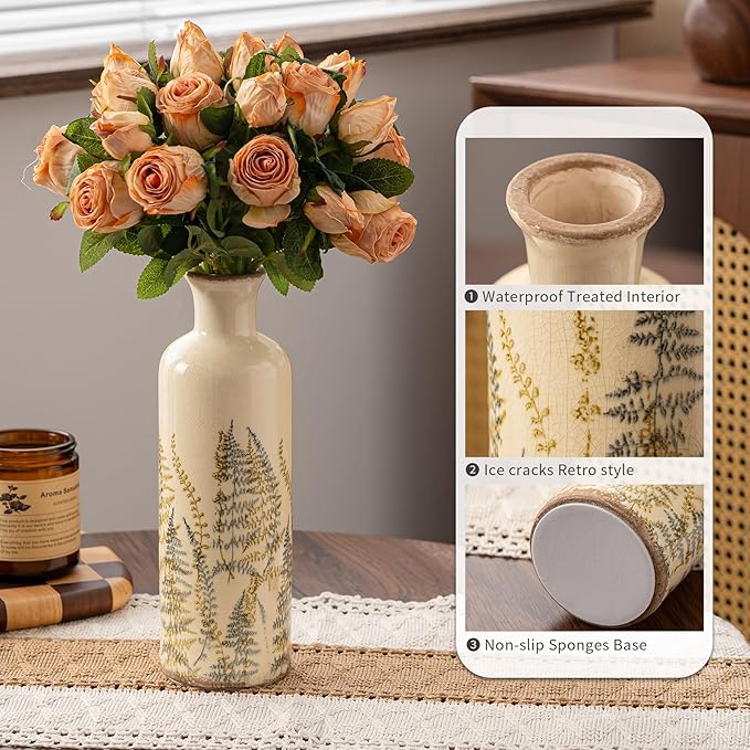 Vintage Floral Pitcher Vase with Handle, Ceramic Farmhouse Flower Vase French Country Decor, Rustic Table Centerpiece, Grand Millennial Tuscan Home Decor for Living Room, Bookshelf (Green-009)