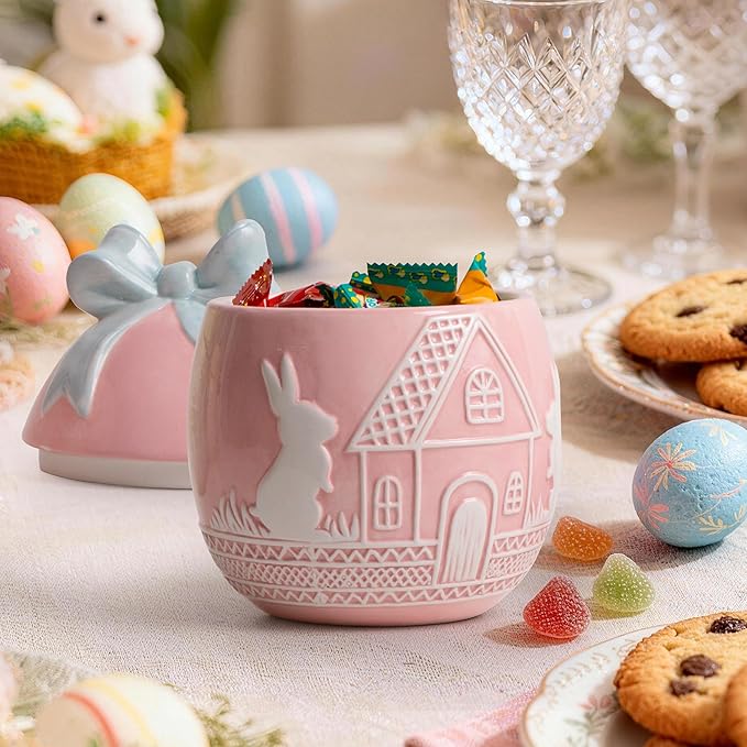 Easter Bunny Cookie Jar with Lid, Pink Egg Candy Jar, Embossment Bunny Decorative Ceramic Storage Container Jar, Pink Easter Bunny Egg Decorations for Home Kitchen Indoor Best Easter Gift