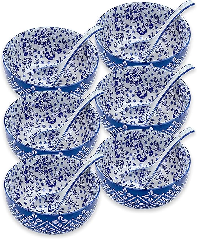 Japanese Ceramic Bowls Set of 6, 28 Oz Large Asian Porcelain Ramen Soup Salad Cereal Noodle Bowl with 6 Spoons, Deep Bowl for Kitchen Decor and Housewarming Gift, Dishwasher & Microwave Safe