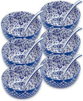 Japanese Ceramic Bowls Set of 6, 28 Oz Large Asian Porcelain Ramen Soup Salad Cereal Noodle Bowl with 6 Spoons, Deep Bowl for Kitchen Decor and Housewarming Gift, Dishwasher & Microwave Safe