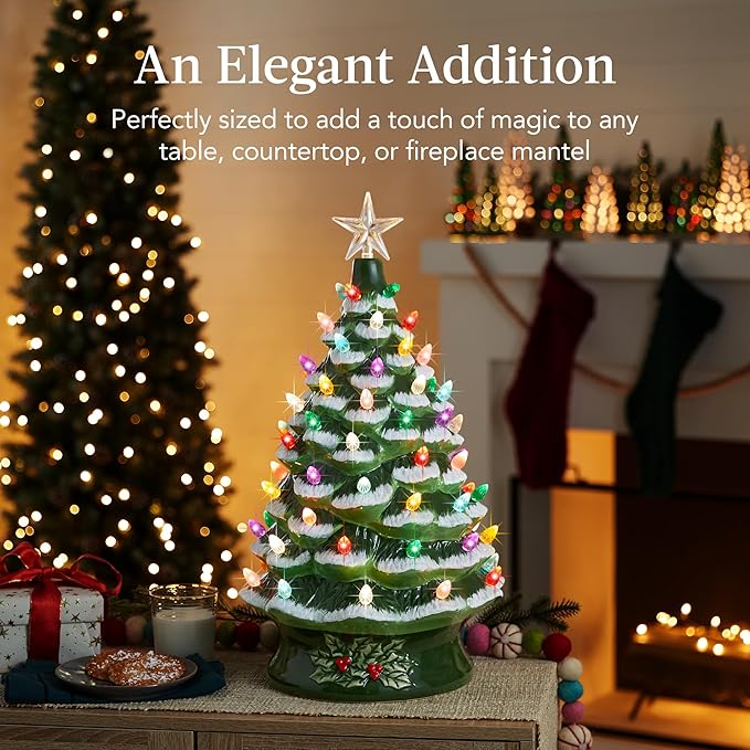 Best Choice Product 24in Extra Large Ceramic Christmas Tree, Pre-Lit Hand-Painted Tabletop XL Indoor Holiday Tree, 74 Multocolor Bulbs, LED Lights - Flocked/Green