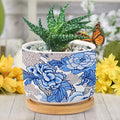 DreamAutumn Blue and White Chinoiserie Floral Planter Ceramic Round Plant Pots with Drainage Holes and Bamboo Tray Planting Small Flower Pots for Home Windowsill Desk Garden Indoor Outdoor Use