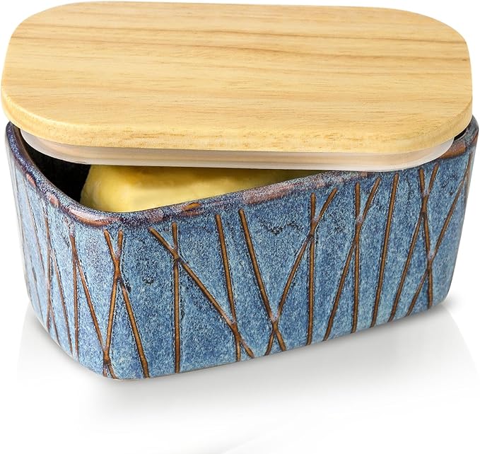 HVH Ceramic Butter Dish with Lid for Countertop, Airtight Butter Keeper with Wooden Lid, Butter Holder for East West Coast Butter, Irregular Striped (Wabi sabi, 6 x 3.5 x 2.7)