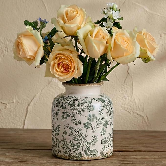 Vintage Chinoiserie Ceramic Vase, Ice Cracked Flower Vases, Hand-Painted Green Botanical Design for Living Room, Bookshelf, Office, Floral Antique Rustic Style Home Decor, 6.2 Inch