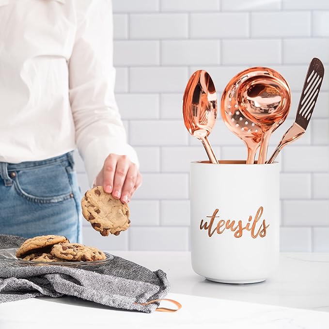 STYLED SETTINGS White Ceramic Utensil Holder with Interior Copper Finish - Large and Sturdy Spatula Holder - Rose Gold Kitchen Accessories, Stylish Countertop Utensil Organizer