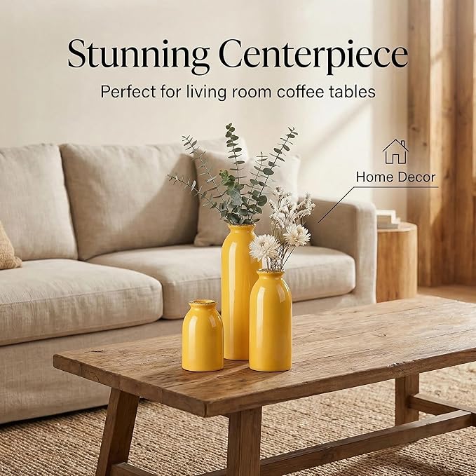CWLWGO-Ceramic Yellow Vase Set of 3, Decorative Vases for Modern Farmhouse Decoration, Living Room Accents & Dining Table Centerpieces, Idea Bookshelf Mantel and Entrance Decor.