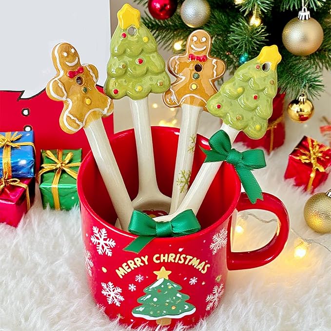 2Pcs Christmas Spoons Ceramic Spoons with Creative Xmas Tree Theme for Dessert Cake Coffee Tea Drinking Stirring Mixing Spoons Xmas Holiday Tableware Party Supplies
