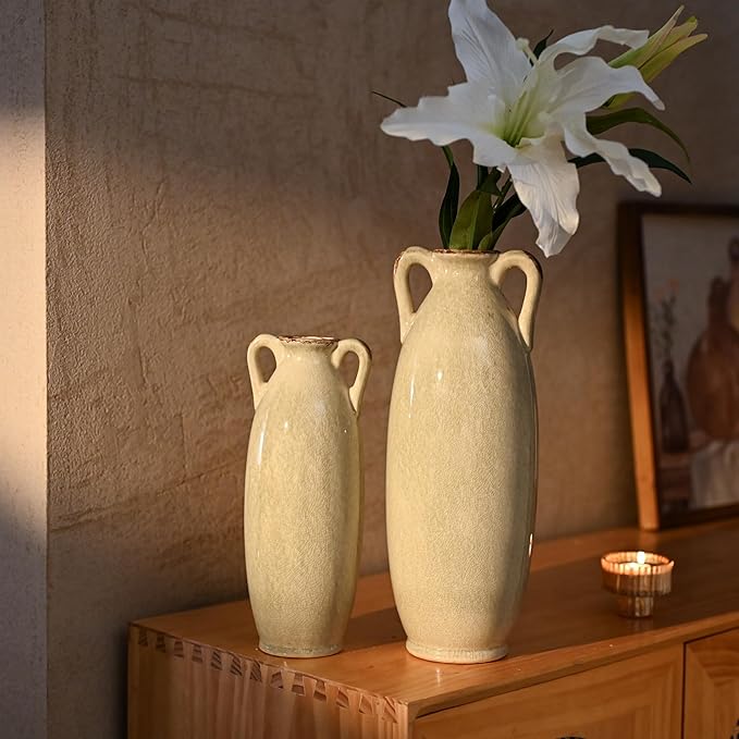 VICTOR & TERESA Green Floor Vase for Pampas Grass, 11'' Tall Vase for Home Decor, Ceramic Farmhouse Decorative Large Vases for Flower, Mantel, Living Room, Shelf, Centerpieces, Gift for Mom