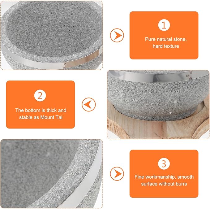 Stone Bowl with Wood Base 14cm Korean Stone Pot for Bibimbap Soup Rice Serving Traditional Asian Soup Bowl for Home Kitchen