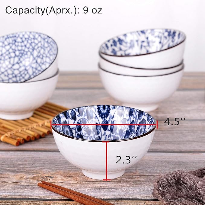VanEnjoy Set of 4 Japanese Style Ceramic Rice Bowl with Gift Box,Blue and White Pattern Bowls Set,Underglazed Dinnerware, For Dessert Snack Cereal Soup Portion Control Bowl