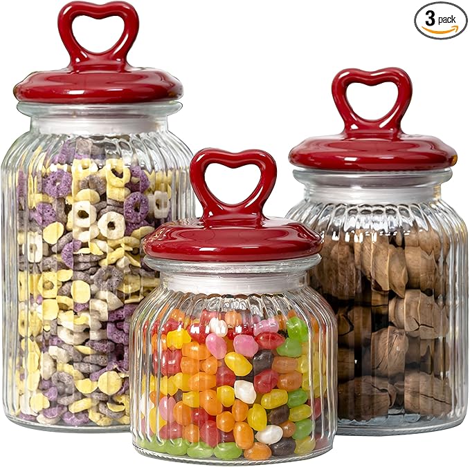 Hyperspace Set of 3 Decorative Glass Kitchen Canister Set, Cookie Jar, Food Storage Containers, Bathroom Jars, with Airtight Ceramic Lid for Kitchen and Bathroom, Red Heart Handle