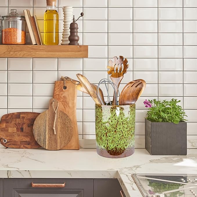 Utensil Holder, Green Ceramic Kitchen Utensil Holder for Countertop, Large Cooking Utensil Crocks for Kitchen Counter, Morden Utensil Organizer for Spatula, kitchen Decor